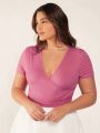 SHEIN BASICS Plus Size Women'S V-Neck Short Sleeve T-Shirt
