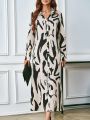 SHEIN LUNE Printed Buttoned Long Sleeve Shirt Style Dress (belt Not Included)