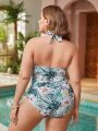 SHEIN Swim Vcay Plus Size Women's Ruffled Tropical Plant Print One-Piece Swimsuit