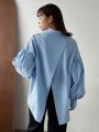 FRIFUL Women's Solid Color Back Crossed Drop Shoulder Shirt