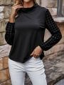 SHEIN Clasi Women's Houndstooth Jacquard Patchwork Cowl Neck T-shirt