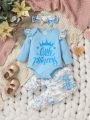 Baby Girls' Crown And Letter Print Romper With Flower Print Pants Set