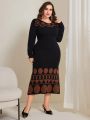 SHEIN Modely Plus Size Geometric Pattern Round Neck Sweater Dress Without Belt