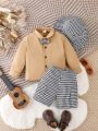 Baby Boy Casual Simple Long Sleeve Shirt, Houndstooth Pattern Long Pants And Hat Set For Summer