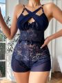 Contrast Lace Criss Cross Bow Front Sleep Romper