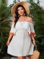 SHEIN Swim Vcay Plus Size 1pc Hollow Out Shoulder Cover Up Dress With Tassel Detail