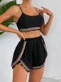 SHEIN Swim BohoFeel Women'S Geometric Jacquard Strap Splice Fringe Hem Bikini Set