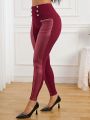 SHEIN Lady Women's Red Knitted Patchwork High Waisted Leggings