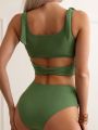 SHEIN Swim Basics Tie Shoulder High Waisted Bikini Swimsuit