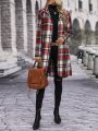 SHEIN LUNE Plaid Print Zip Up Hooded Coat