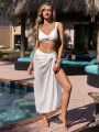 SHEIN Leisure Women's Twisted Detail Texture Bikini Swimsuit Set With Knotted Side Swim Skirt Cover Up