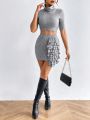 SHEIN Privé Turtleneck Short Sleeve Top And Skirt Set With 3d Ruffle Hem