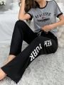 Letter Print Short Sleeve T-Shirt And Long Pants Pajamas Set