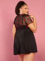 SHEIN CURVE+ Women's Plus Size Black Mesh & Heart Design Round Neck Skirt