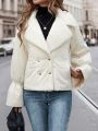 SHEIN Essnce Women'S White Double Breasted Lamb Wool Spliced Padded Coat