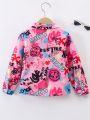 Young Girl Letter & Cartoon Graphic Button Front Shirt