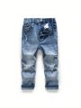 Boys' (Little) New Fashionable Casual Ripped Water Washed Denim Skinny Jeans