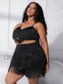 SHEIN CURVE+ Plus Size Women's Sparkling Fringed Shorts