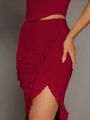 SHEIN BAE Valentine's Day Red Mesh Ruffled Asymmetrical Off-Shoulder Top And Ruffled Long Skirt Women Two-Piece Set
