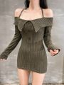 DAZY Women's Solid Color Halterneck Buttoned Ribbed Knit Dress