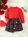 Baby Girls' Stand Collar Long Sleeve T-Shirt And Plaid Skirt Set