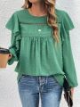 SHEIN Clasi Solid Color Ruffle Hem Long Sleeve Shirt