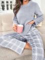 Plush Solid Color Long Sleeve Top And Plaid Pants Homewear Set