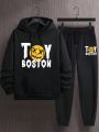 Manfinity Hypemode Loose Fit Men's Hooded Fleece Letter & Print Sweatshirt And Pants Set