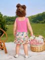 SHEIN Baby Girls' Casual Knitted Vest Top And Floral Print Lotus Leaf Hem Skirt Set