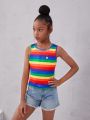 SHEIN Kids Cooltwn Big Girls' Casual Rainbow Striped Knitted Sleeveless Tank Top, Great For Summer Vacation