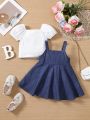 SHEIN Baby Girls' Casual Short Sleeve Top With Bow Decoration And Denim Effect Dress Set