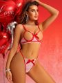 Hollow Out Lace Underwire Bra And Thong Panties Set With Valentine's Day Theme