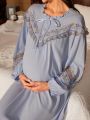 Maternity Patchwork Lace Ruffle Trim Decor Lantern Sleeve Pajama Set