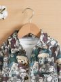 SHEIN Baby Boy Casual Retro Daily Cute Fun Bear Pattern Printed Lapel Long-sleeved Coat Suitable For Going Out In Autumn And Winter