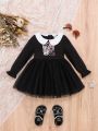 SHEIN Baby Girls' Cute Printed Doll Collar Mesh Splice Long Sleeve Dress