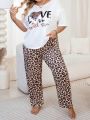 Plus Size Women'S Slogan Printed Short Sleeve And Leopard Print Pants Casual Pajama Set