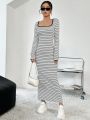 Striped Back Slit Dress