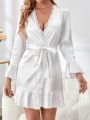 Lace Trim Flounce Sleeve Ruffle Hem Belted Satin Robe