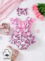 SHEIN 3pcs Baby Girls' Casual Heart Pattern Printed Overalls, Ruffled Top And Bow Headband, Suitable For Spring Or Summer Outing