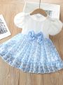 Baby Girl's Blue Heart Pattern Chiffon Dress