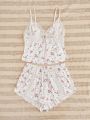 Floral Print Contrast Lace Knot Front Cami Top & Shorts PJ Set