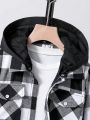 SHEIN Big Boys' Plaid Pattern Hooded Shirt With Removable Hood For Autumn