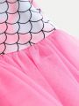 SHEIN Kids QTFun Young Girls' Round Neck Mermaid Pattern Mesh Splicing T-Shirt And Fish Scale Pattern Mesh Splicing Mermaid Tail Skirt Set