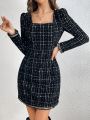 SHEIN Privé Women's Puff Sleeve Checked Dress