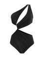SHEIN Swim BAE Women's Stylish Black One-shoulder Cut-out Swimsuit