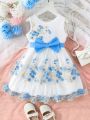 SHEIN Kids Nujoom Young Girls' Sweet Floral Embroidery Romantic Mesh Princess Dress