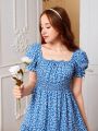 SHEIN Teen Girl Ditsy Floral Print Puff Sleeve Ruffle Hem Dress