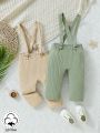 Baby Girls' Spring And Summer 2pcs/Set Pure Color Knitted Casual Jumpsuit, Cool And Cute