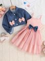 SHEIN Kids CHARMNG Little Girls' Romantic Casual Mesh Layered Dress And Denim Print Short Coat With Button For Autumn And Winter