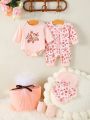 SHEIN 5pcs/Set Girls' Floral Printed Long Sleeve Gift Set For Infants, Winter